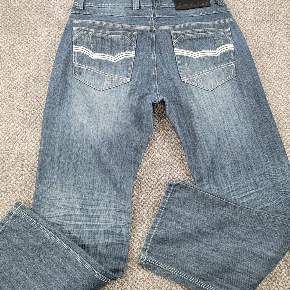 Lamasini Mens Straight Leg Jeans 36x32 Blue Denim Contrast Stitch Distressed